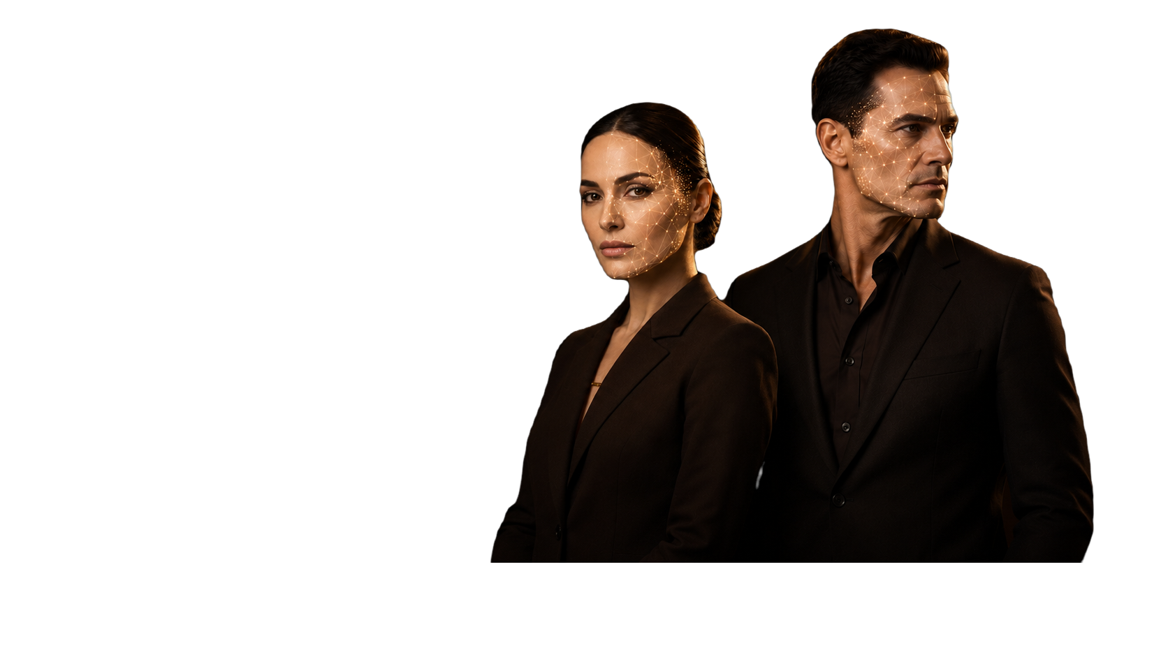 Two executives — a woman and a man — with AI markup on their faces